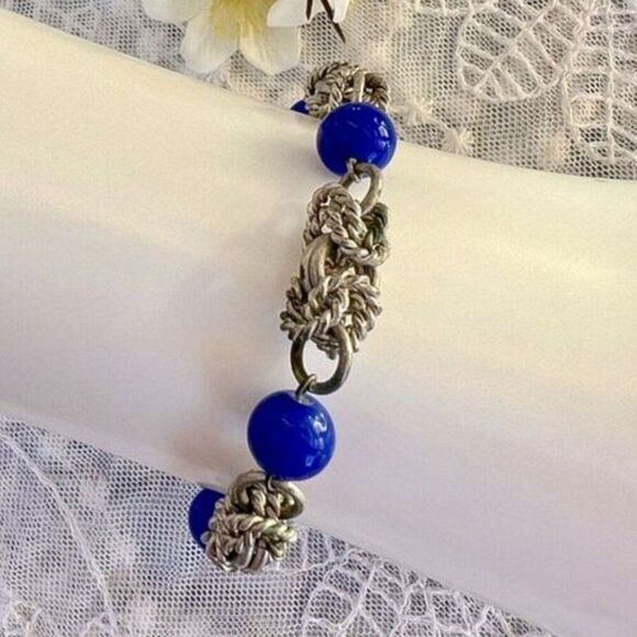 Vintage Jewelry - Vintage Art Deco Cobalt Blue Bead & Chrome Byzantine Knot Bracelet Jakob Bengal
